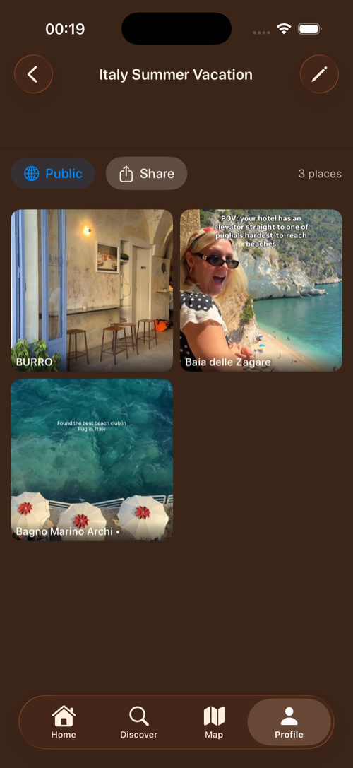 A PinCup collection of saved places