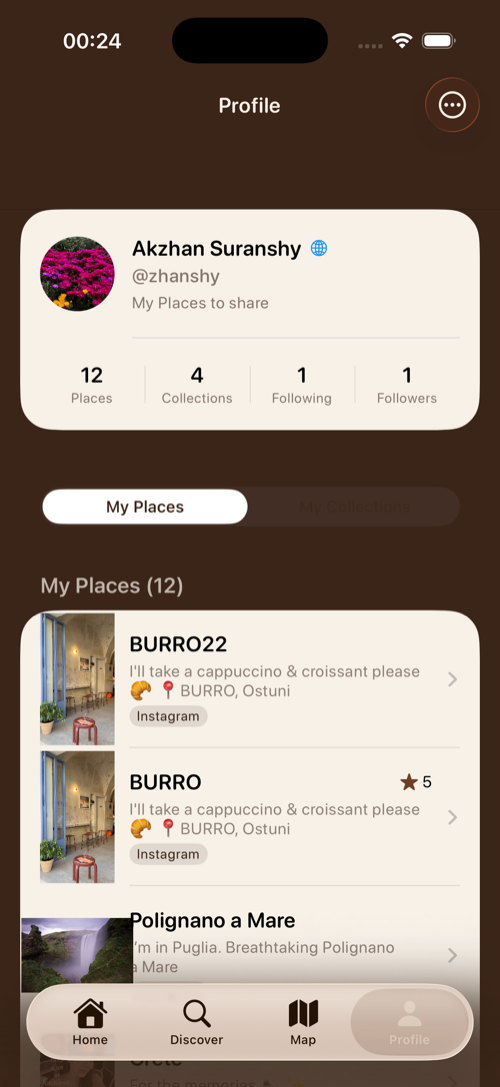 A list of saved places in PinCup